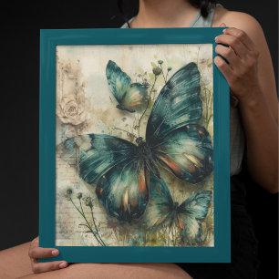 Vintage Green Butterflies   Poster