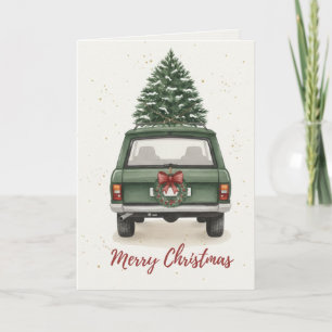 Vintage Green Car with Christmas Tree Card
