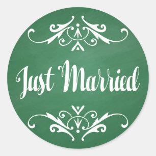 Vintage Green Chalkboard Just Married Wedding Classic Round Sticker