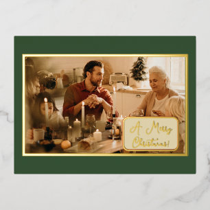Vintage Green Christmas Eve Family Photo Foil Holiday Postcard