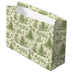 Vintage Green Christmas Toile Deer Pattern Large Gift Bag