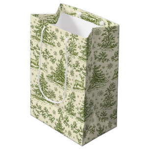 Vintage Green Christmas Toile Deer Pattern Medium Gift Bag