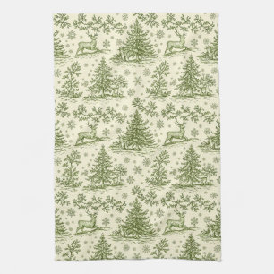 Vintage Green Christmas Toile Deer Pattern Tea Towel
