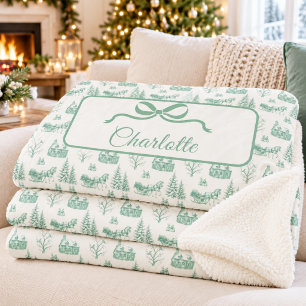 Vintage Green Christmas Toile Horse Sleigh Bow Sherpa Blanket