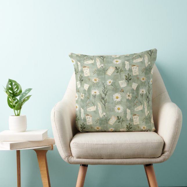 Vintage Green Daisy Ephemera Botanical  Cushion (Chair)