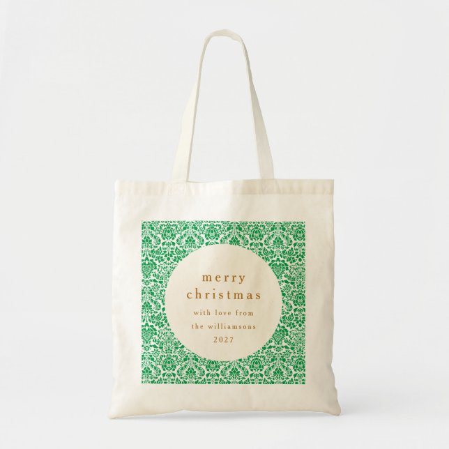 Vintage Green Damask Festive Custom Christmas Tote Bag (Front)