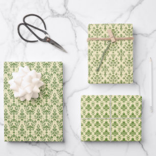 Vintage Green Damask Pattern on Light Beige Wrapping Paper Sheet