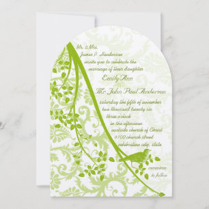 Vintage Green Damask with Apple Green Vintage Bird Invitation
