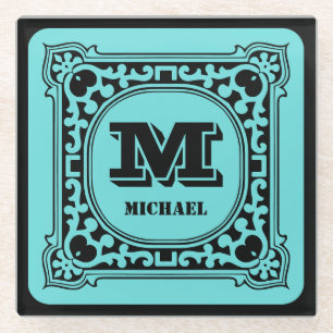 Vintage green decorative alphabet name monogram glass coaster