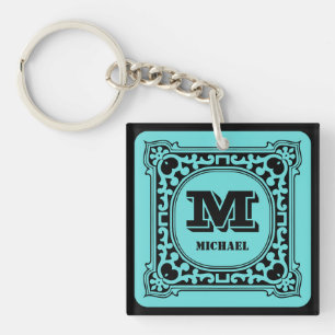 Vintage green decorative alphabet name monogram key ring