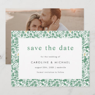 Vintage Green Ditzy Floral Wedding Save The Date