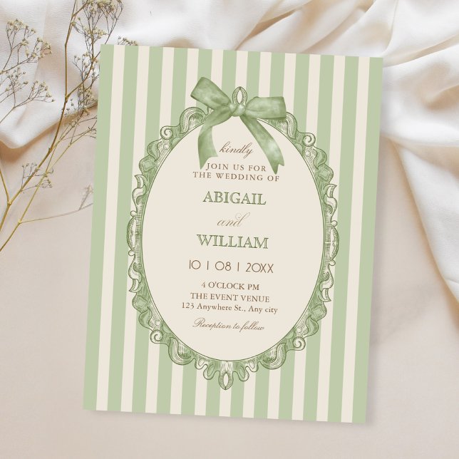 Vintage green elegant bow wedding  invitation (Creator Uploaded)
