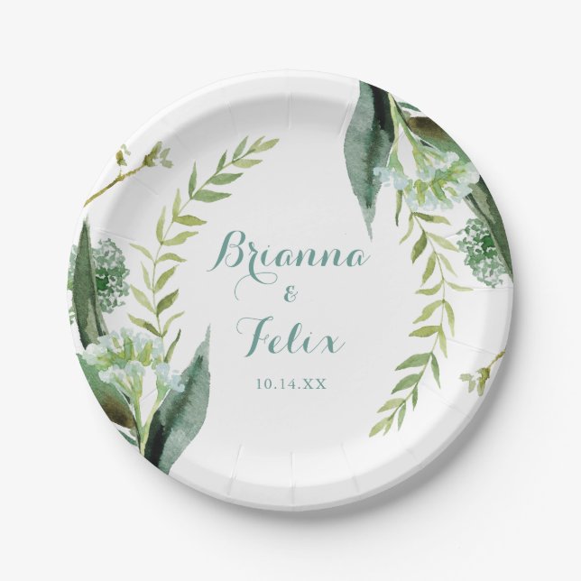 Vintage Green Eucalyptus Calligraphy Wedding Cake  Paper Plate (Front)