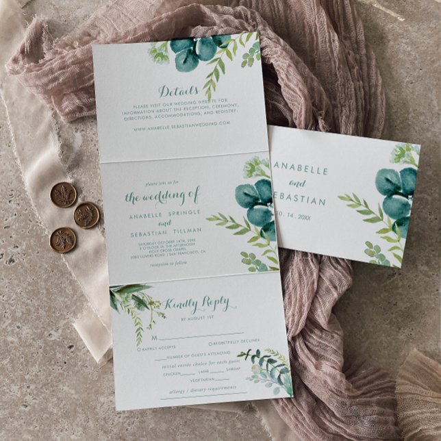 Vintage Green Eucalyptus Calligraphy Wedding  Tri-Fold Invitation (Creator Uploaded)