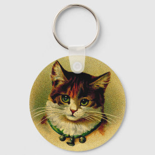 Vintage Green-Eyed Cat with Jingle Bells Key Ring