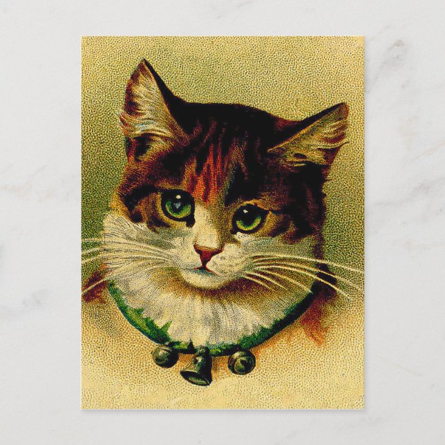 Vintage Green-Eyed Cat with Jingle Bells Postcard (Front)