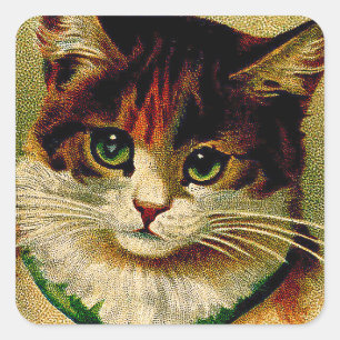 Vintage Green-Eyed Cat with Jingle Bells Square Sticker