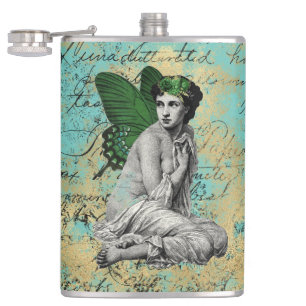 Vintage Green Fairy on Aqua Ephemera Hip Flask