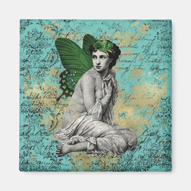 Vintage Green Fairy on Aqua Ephemera Magnet (Front)
