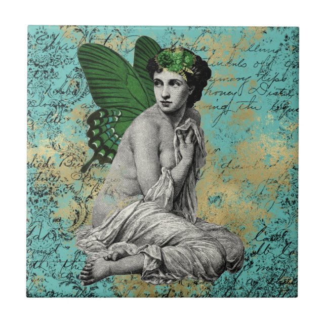 Vintage Green Fairy on Aqua Ephemera Tile (Front)