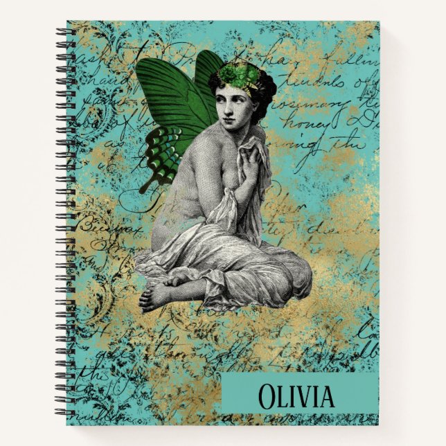 Vintage Green Fairy on Aqua Personalised Sketch Notebook (Front)