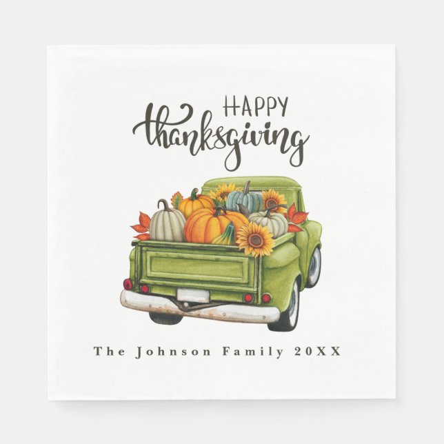 Vintage Green Farm Truck Thanksgiving Harvest Napkin (Front)