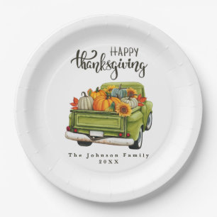 Vintage Green Farm Truck Thanksgiving Harvest Paper Plate