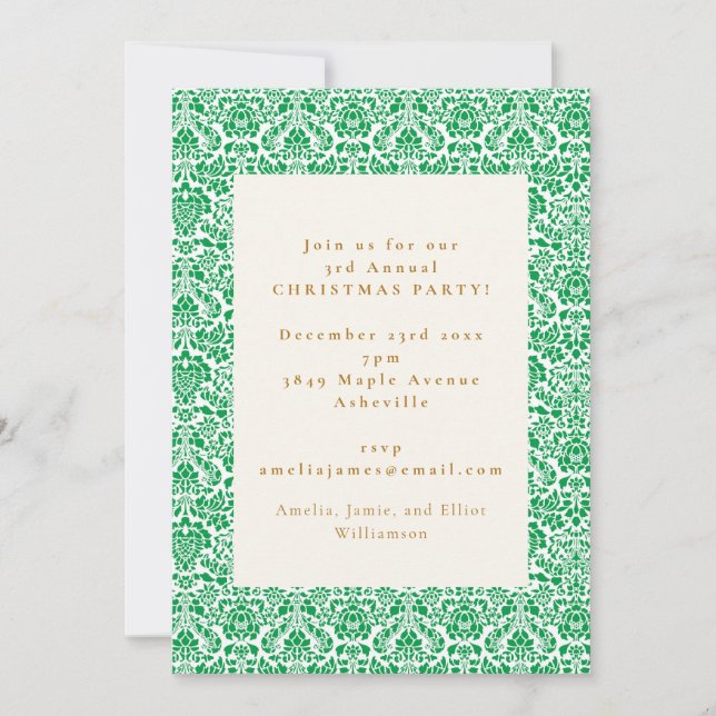 Vintage Green Festive Damask Christmas Party Invitation (Front)