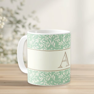 Vintage Green Floral Custom Initial Gift Coffee Mug