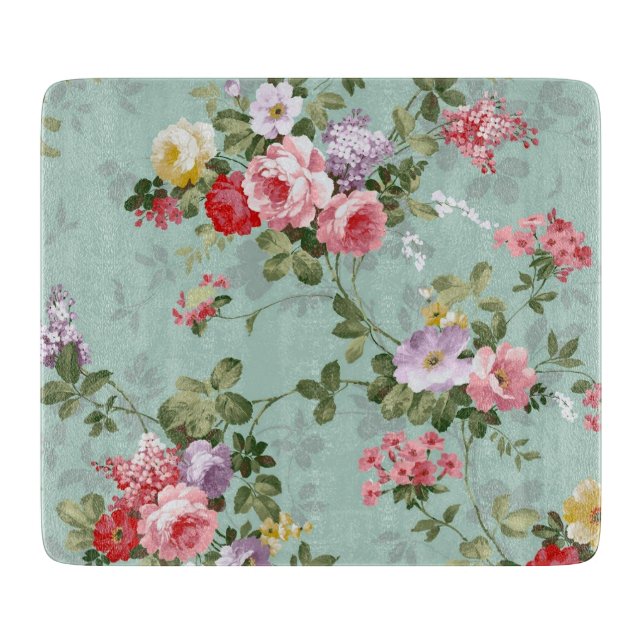 Vintage Green Floral Design Glass Cutting Board (Front)