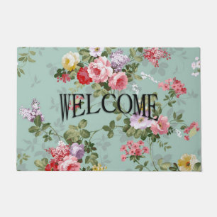 Vintage Green Floral Design Welcome Doormat
