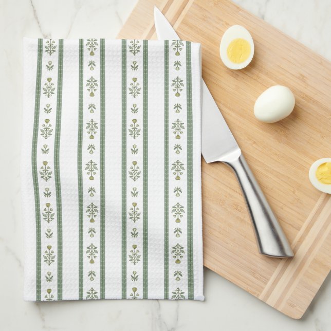 Vintage Green Floral Stripe Kitchen Towel (Quarter Fold)