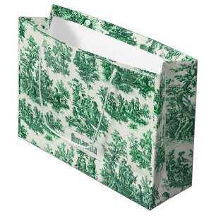 Vintage Green Floral Toile Jouy Monogram Large Gift Bag