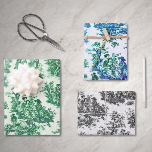 Vintage Green Floral Toile Jouy Wrapping Paper Sheet