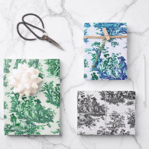 Vintage Green Floral Toile Jouy Wrapping Paper Sheet