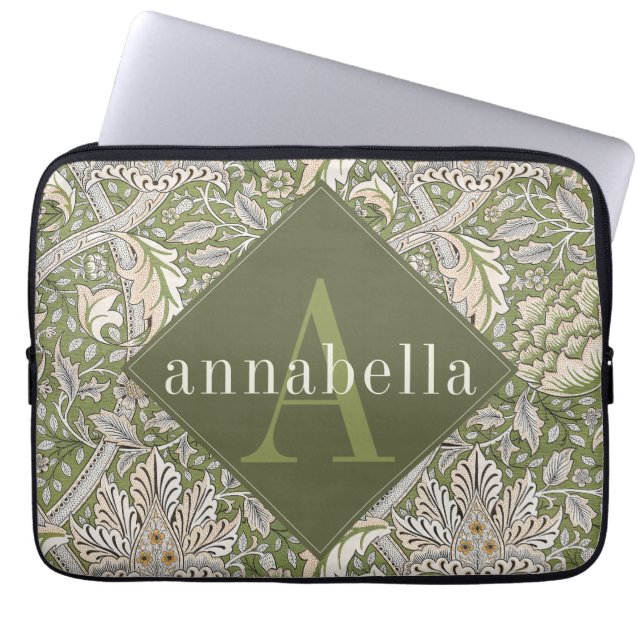 Vintage Green Floral William Morris Monogram Laptop Sleeve (Front)
