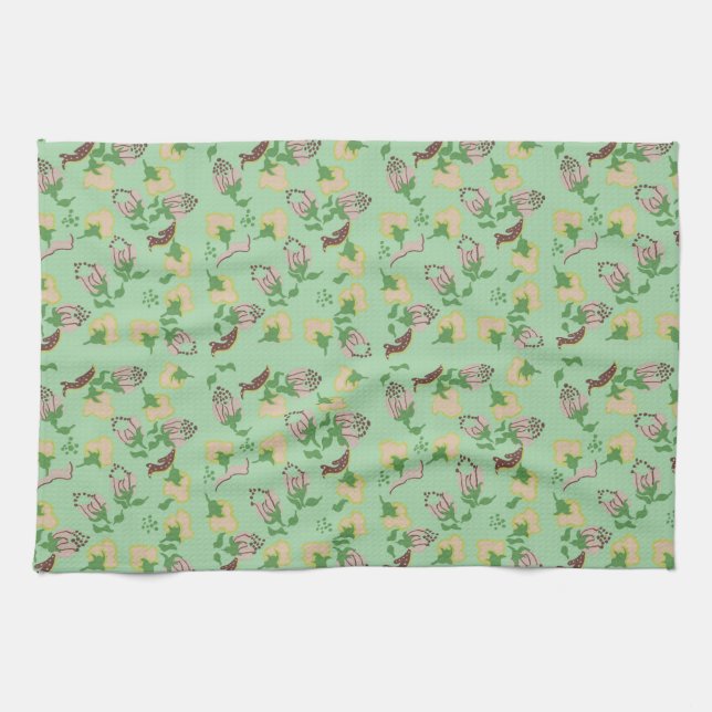 Vintage Green Flowers Tea Towel (Horizontal)