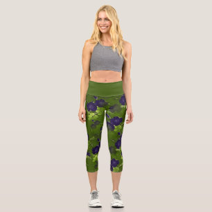 Vintage Green Foliage Purple Flower Yoga Exercise Capri Leggings