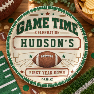 Vintage Green Football First Down 1st Birthday boy Classic Round Sticker