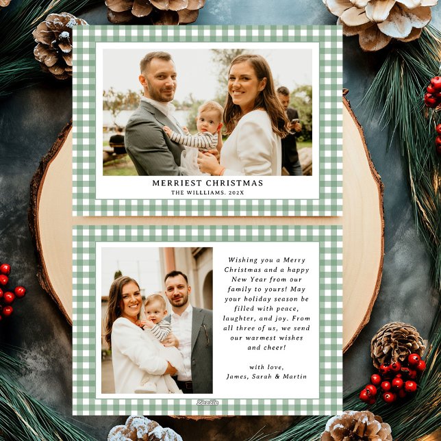 Vintage Green Gingham Plaid Photo Christmas Holiday Card (Creator Uploaded)