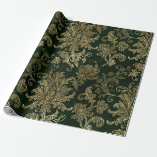 Vintage Green & Gold Faux Floral Christmas Velvet Wrapping Paper