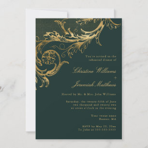 Vintage Green Gold Floral Damask Engagement Party Invitation
