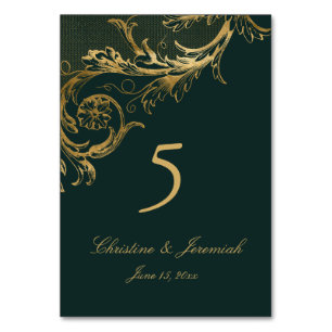 Vintage Green Gold Floral Damask Script Wedding Table Number