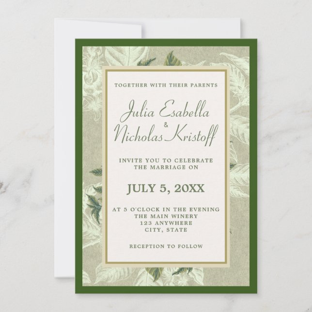 Vintage Green Gold Foliage Frame Wedding Invitation (Front)
