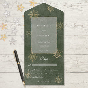 Vintage Green & Gold Glitter Snowflakes Dinner All In One Invitation