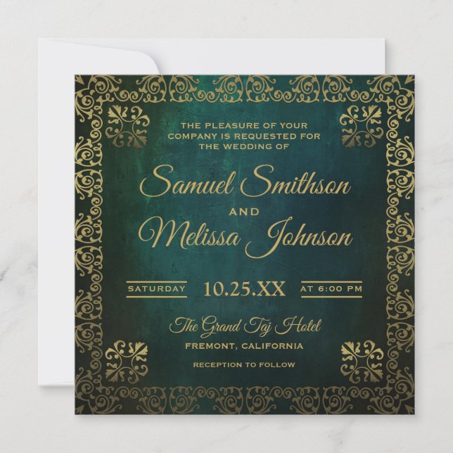 Vintage Green Gold Oriental Wedding Invitation (Front)