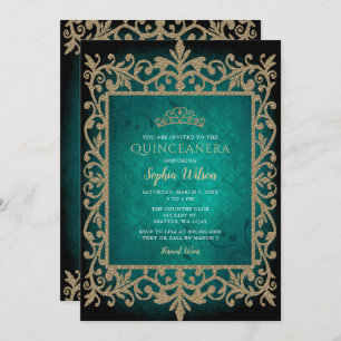 Vintage Green Gold Princess Tiara Quinceañera Invitation