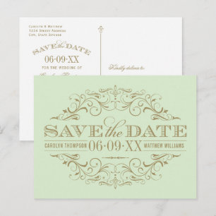 Vintage Green Gold Scrollwork Save the Date Announcement Postcard