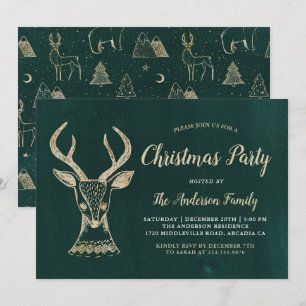 Vintage Green Gold Woodland Deer Christmas Party Invitation