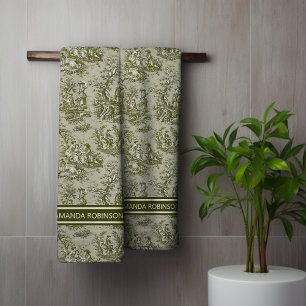 Vintage Green Grey French Country Toile de Jouy Bath Towel Set